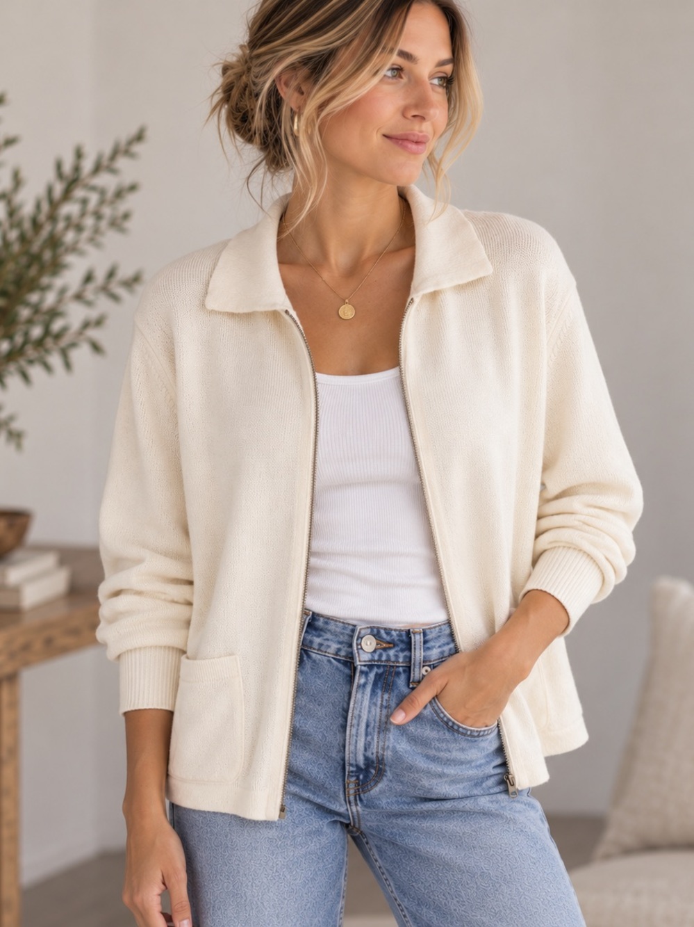 Parkhurst 100% Cotton Cream Full Zip Collared Cardigan Jacket
